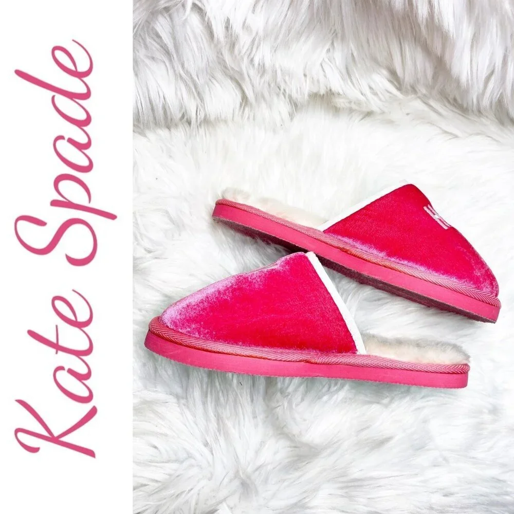 KATE SPADE PLAY HOOKY PINK VELVET SLIPPERS FAUX FUR LINING, SIZE‎ 7